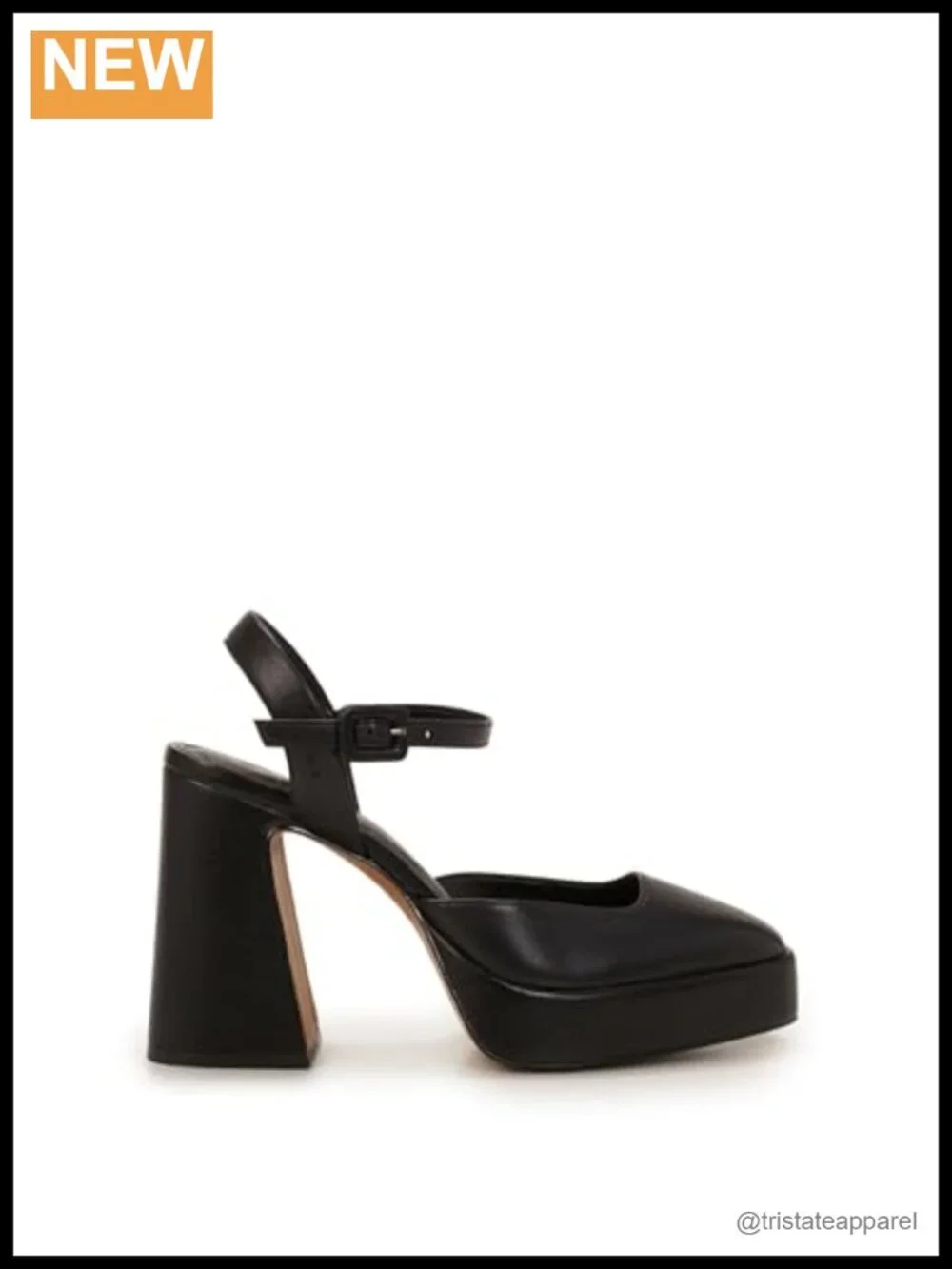 Leather Platform Block Heel Almond Toe Buckle Pump